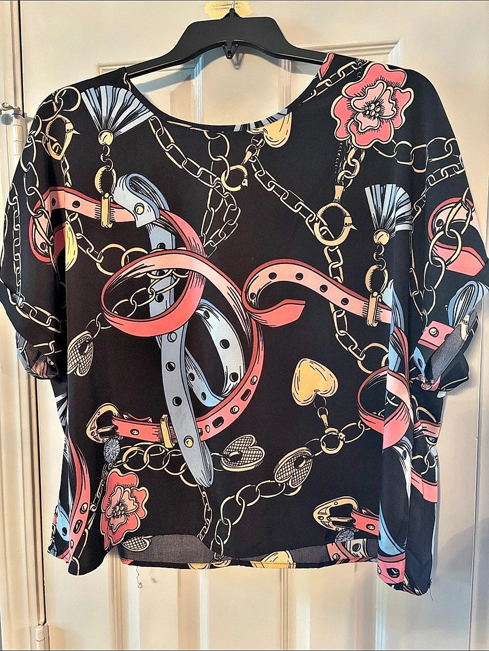 SHEIN Black Top with Blue Pink & Gold Design evoking Brighton Jewelry